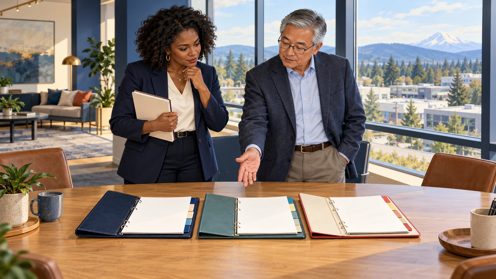 An employer and benefits adviser compare three association medical plan options at a Washington workplace.