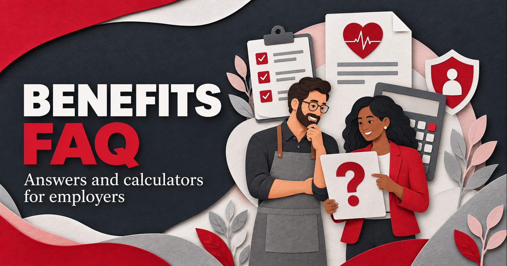Small-business owner and benefits adviser reviewing an employer benefits FAQ with a calculator and checklist.