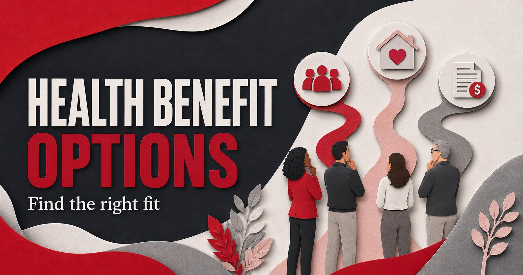 A paper business team comparing three pathways to group coverage, individual coverage and healthcare reimbursement.
